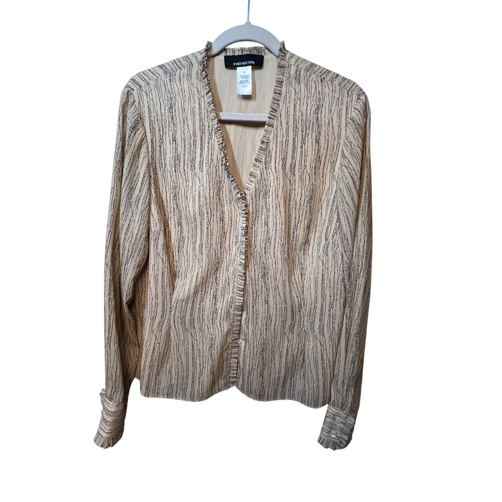 Jones New York Blouse Ruffle Trim Long Sleeve Button Up Top Size‎ 16 Brown